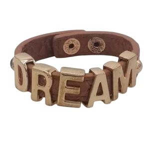 BCBGeneration Rose Gold-Tone DREAM Slide Charm Brown Strap Cuff Bracelet 7-8"